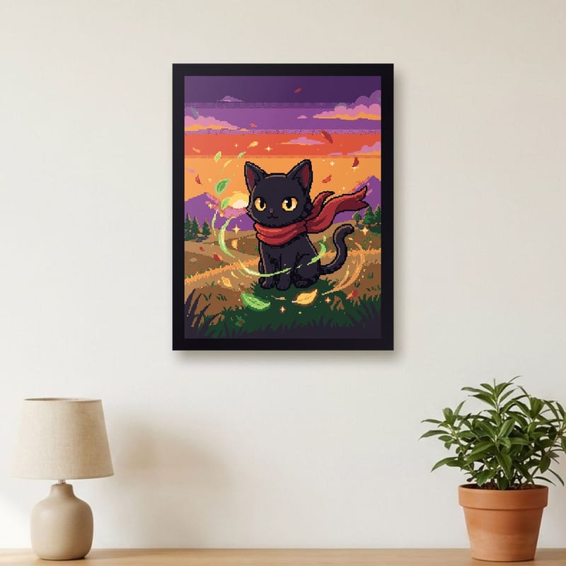Anime-style pixel art portrait of a black cat, framed on a wall