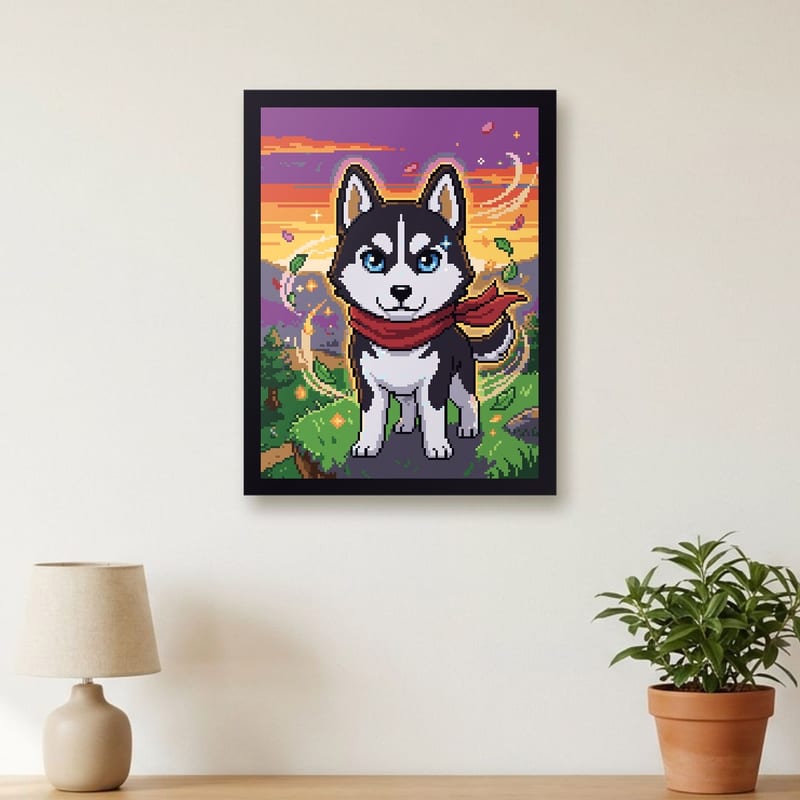 Anime-style pixel art portrait of a husky, framed on a wall