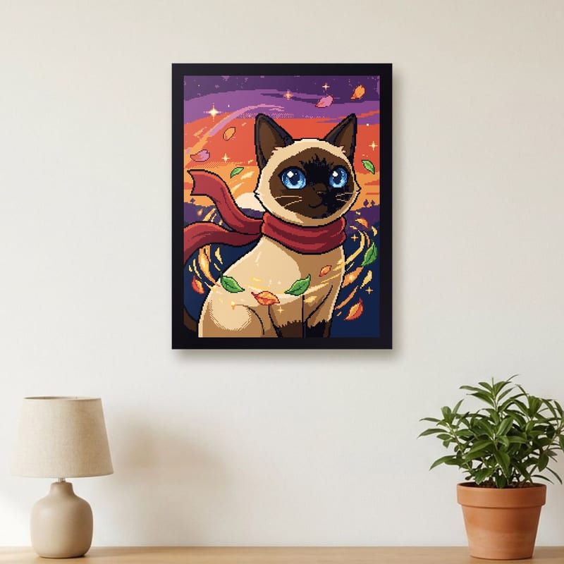 Anime-style pixel art portrait of a siamese, framed on a wall