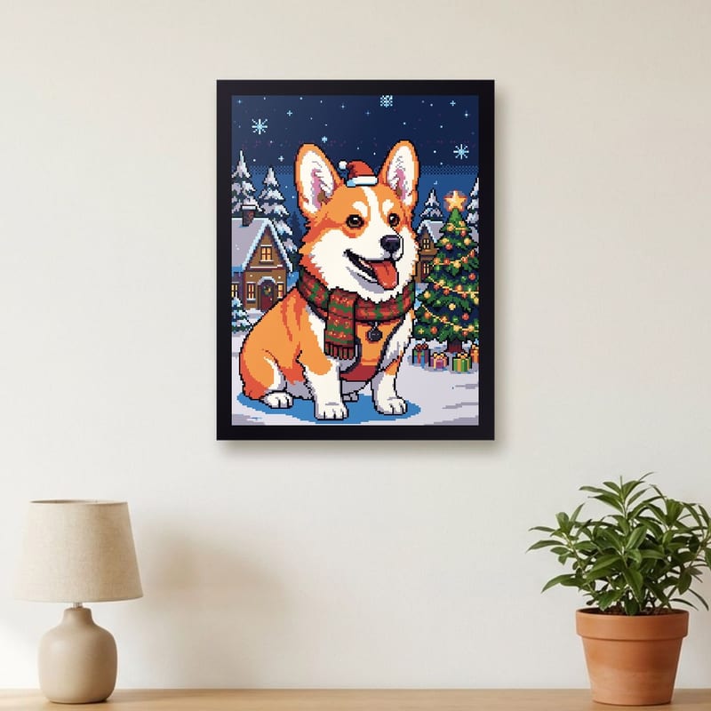 Christmas pixel art portrait of a corgi, framed on a wall