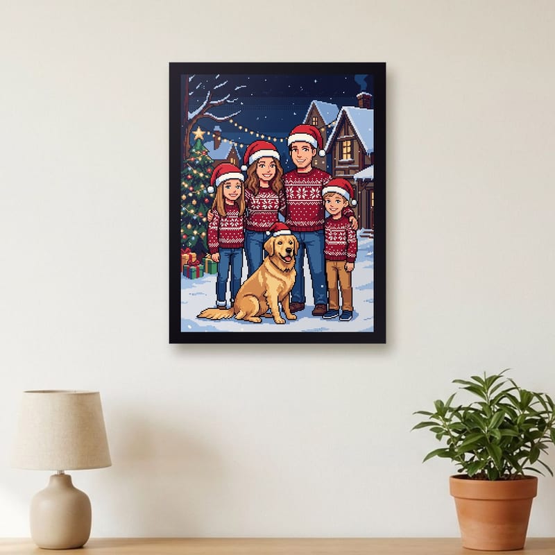 Christmas pixel art portrait of a family, framed on a wall