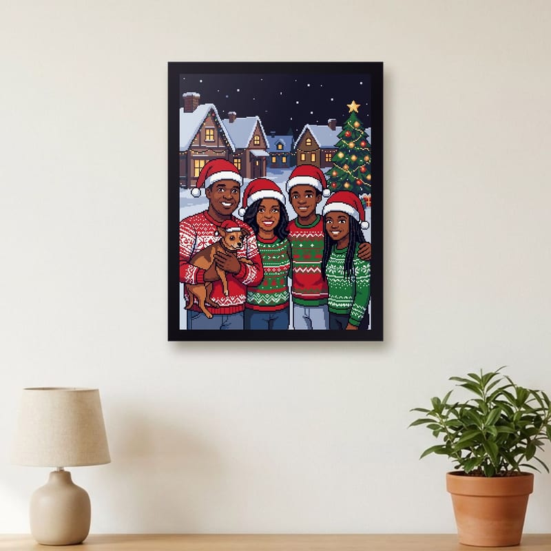 Christmas pixel art portrait of a family, framed on a wall