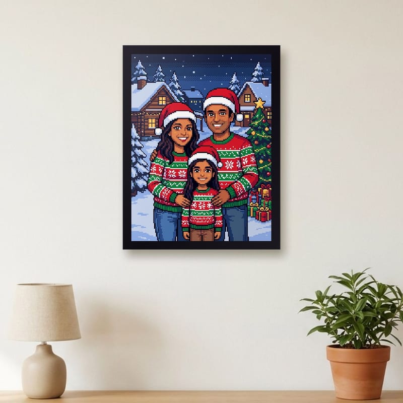 Christmas pixel art portrait of a family, framed on a wall
