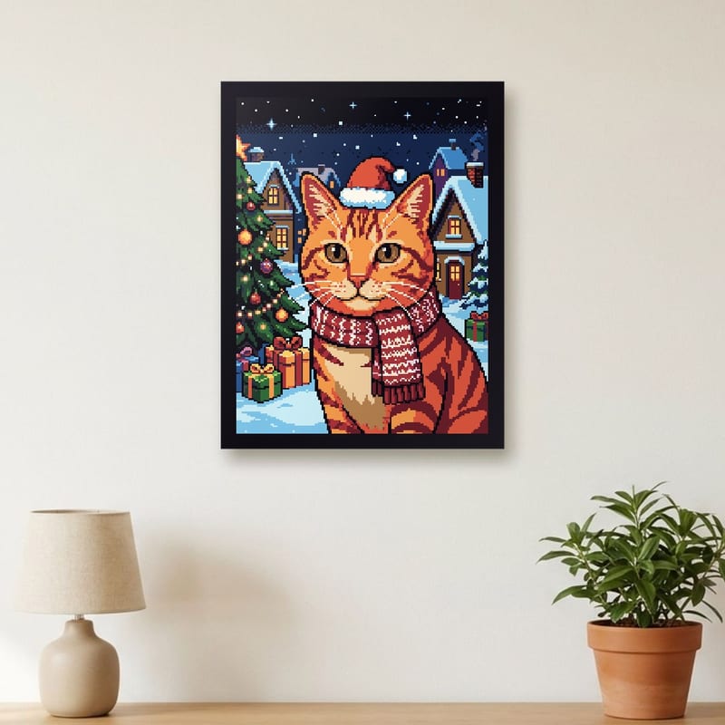 Christmas pixel art portrait of a orange tabby, framed on a wall
