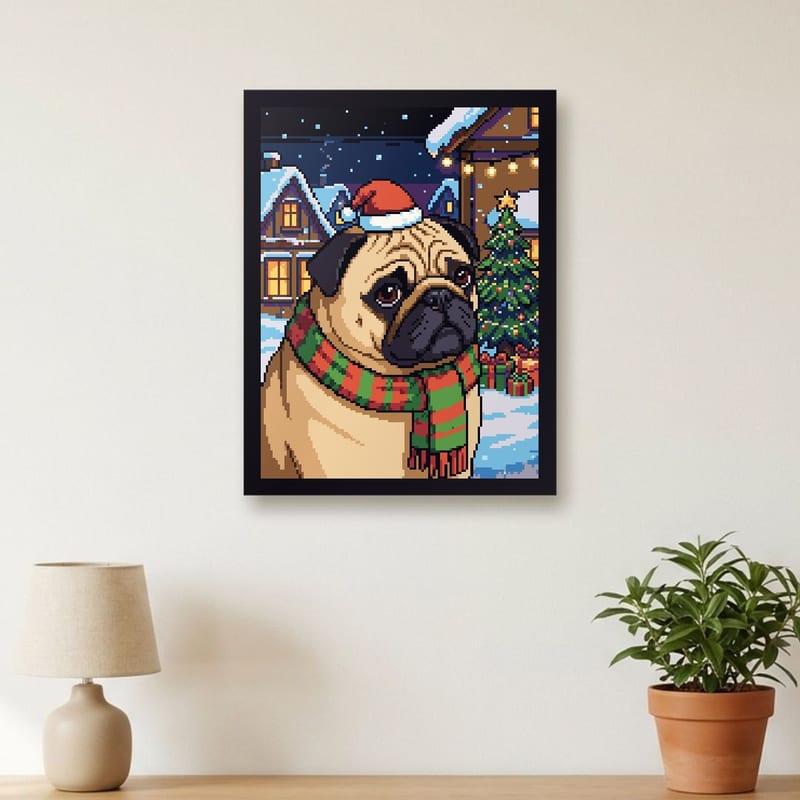 Christmas pixel art portrait of a pug, framed on a wall