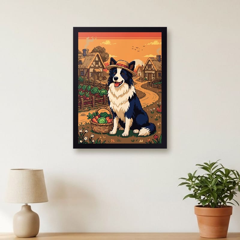Cozy farm village pixel art portrait of your pet