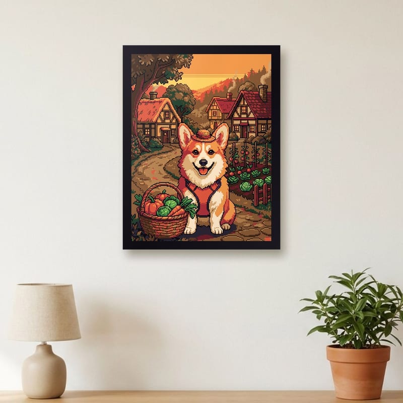 Cozy farm village pixel art portrait of a corgi, framed on a wall