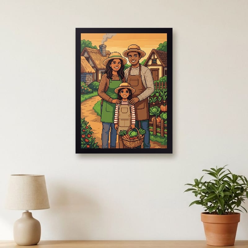 Cozy Village pixel art portrait of a family, framed on a wall