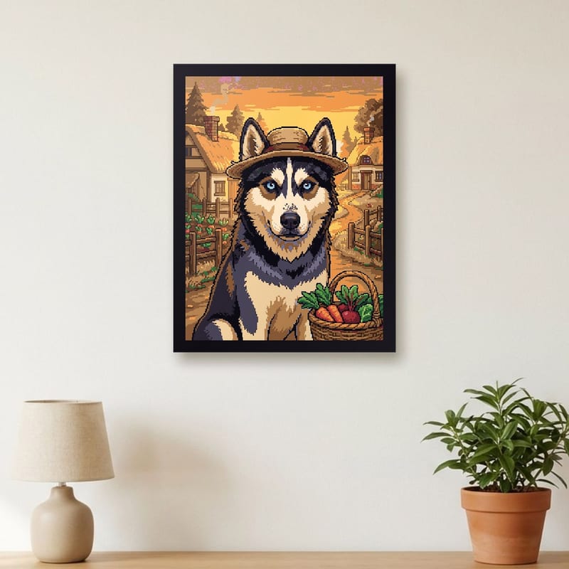 Cozy farm village pixel art portrait of a husky, framed on a wall
