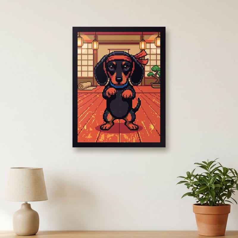 Martial-arts dojo pixel art portrait of a dachshund, framed on a wall