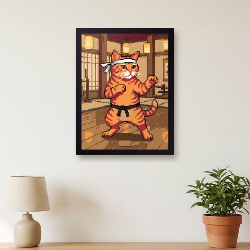 Martial-arts dojo pixel art portrait of a orange tabby, framed on a wall