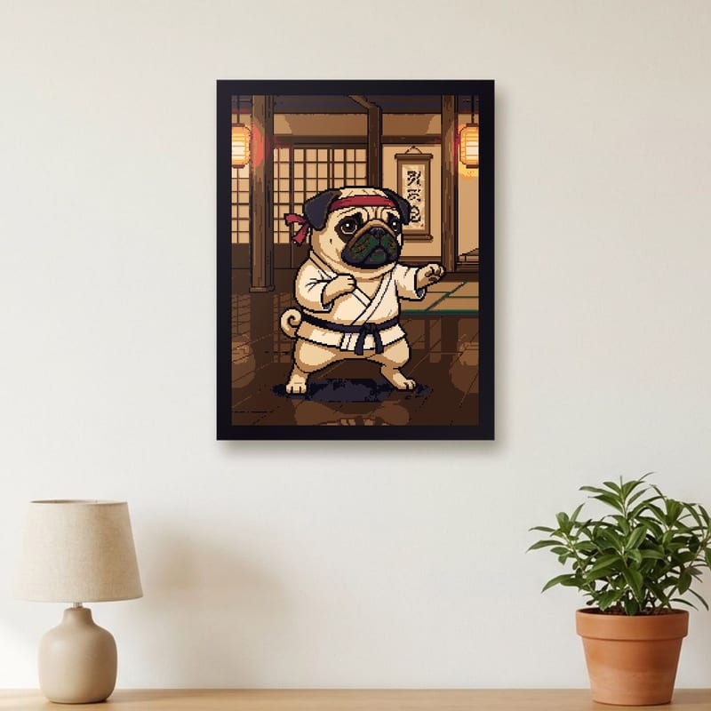 Martial-arts dojo pixel art portrait of a pug, framed on a wall