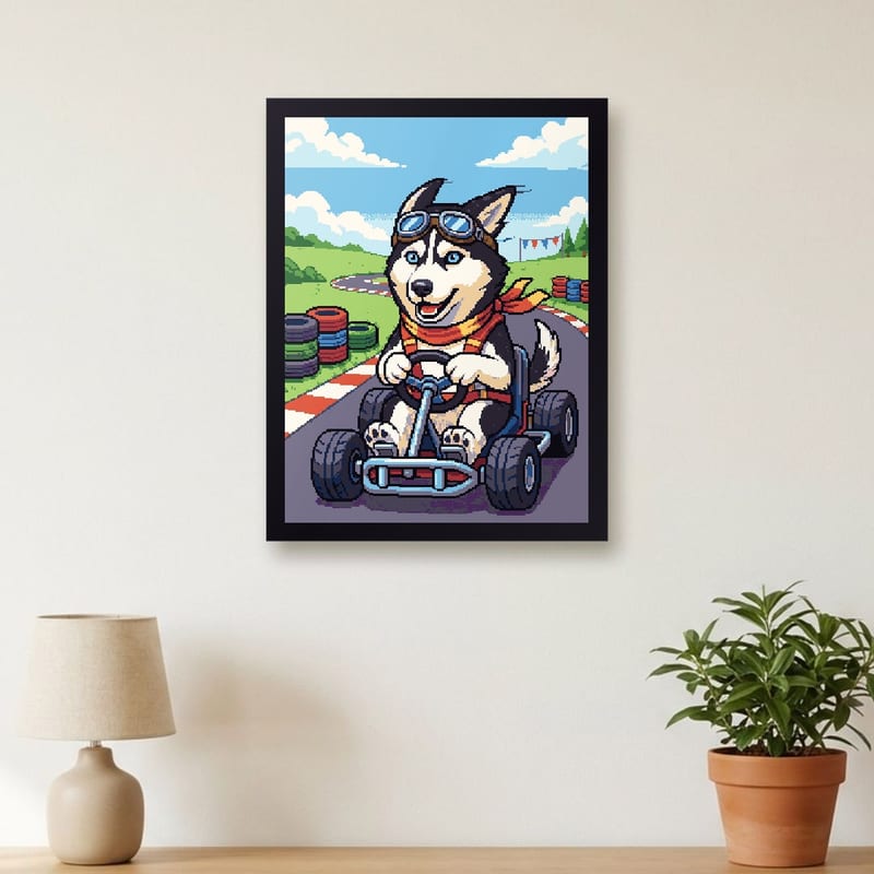 Go-kart racer pixel art portrait of a husky, framed on a wall
