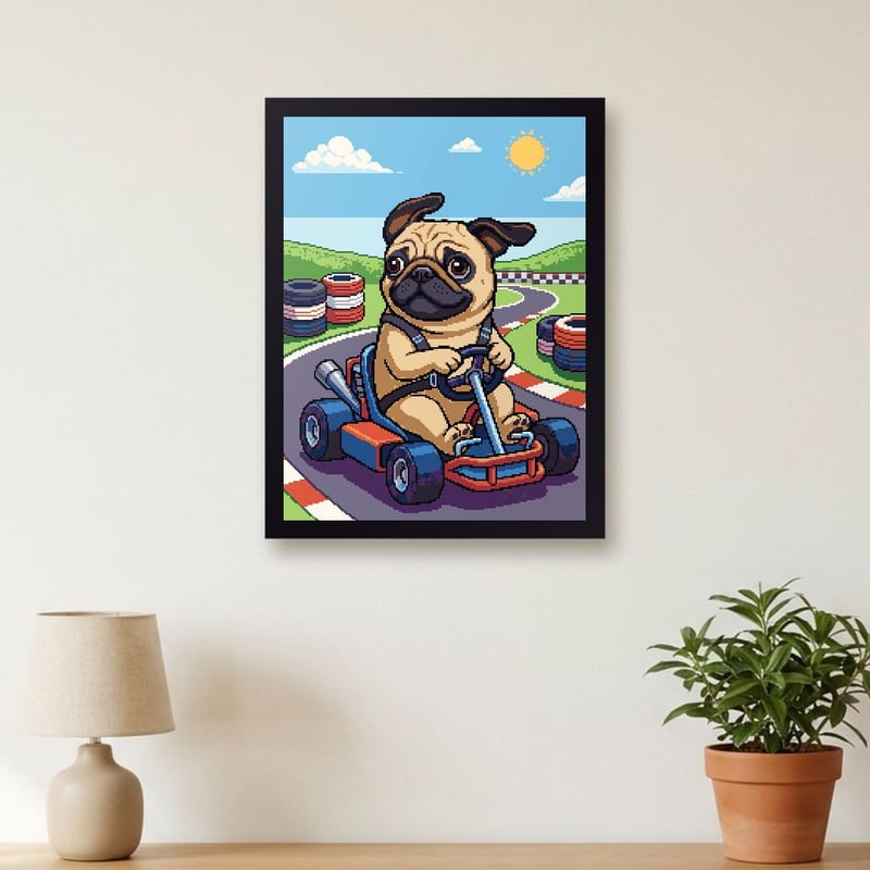 Go-kart racer pixel art portrait of a pug, framed on a wall