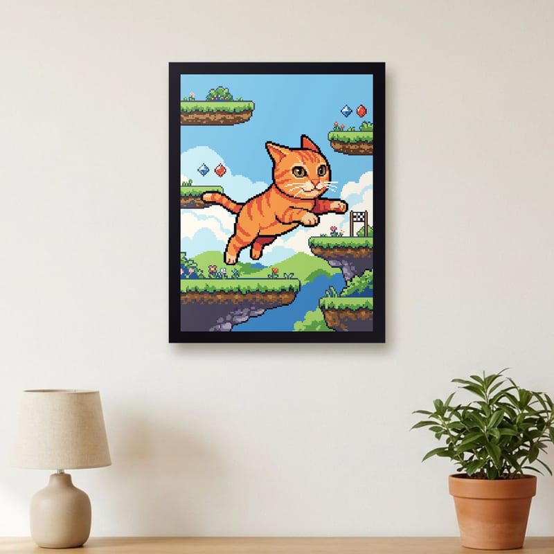 Retro platform game pixel art portrait of a orange tabby, framed on a wall