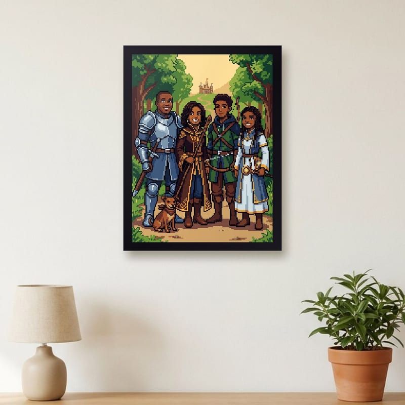Fantasy RPG pixel art portrait of a family, framed on a wall