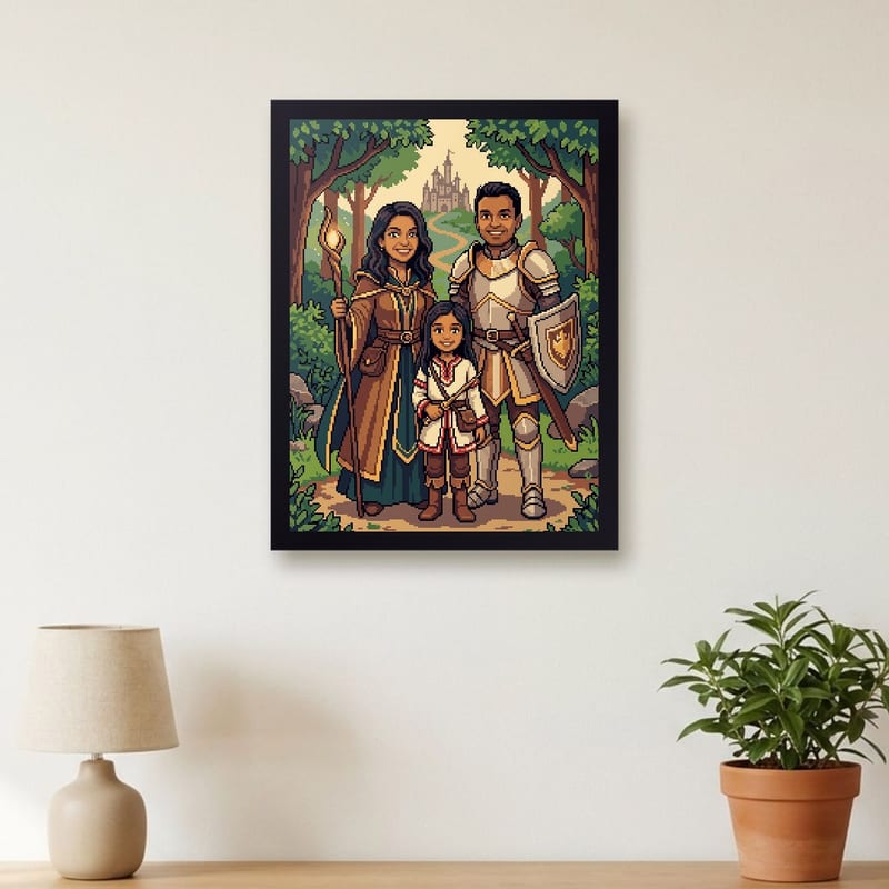 Fantasy RPG pixel art portrait of a family, framed on a wall