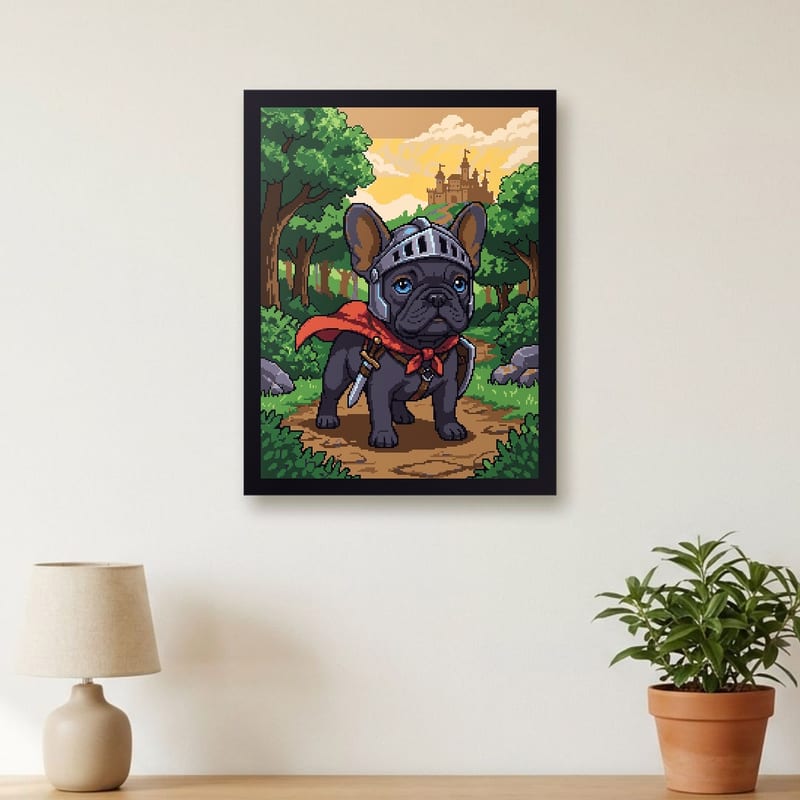 Fantasy RPG pixel art portrait of a french bulldog, framed on a wall