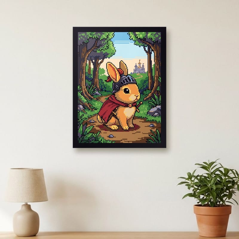 Fantasy RPG pixel art portrait of a rabbit, framed on a wall