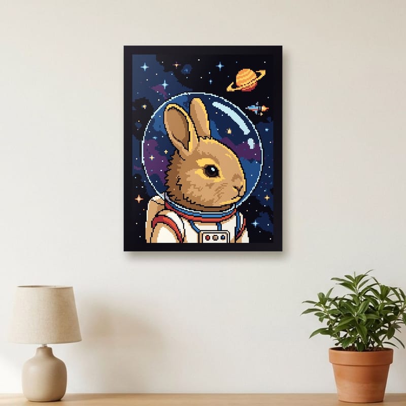 Space astronaut pixel art portrait of a rabbit, framed on a wall