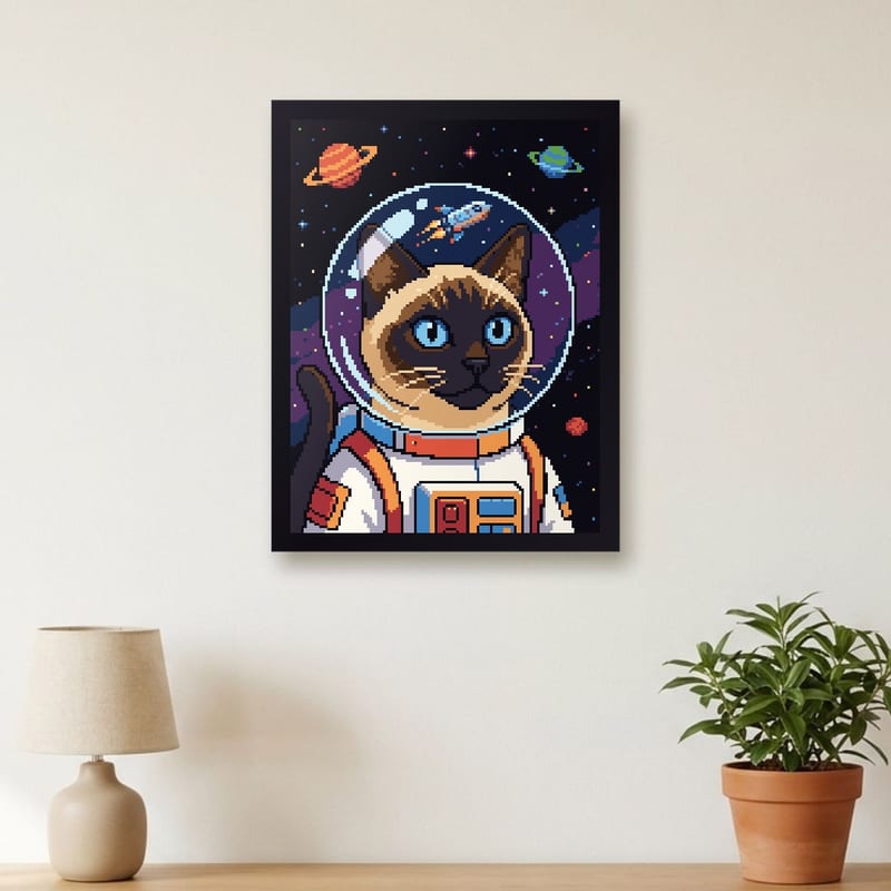 Space astronaut pixel art portrait of a siamese, framed on a wall